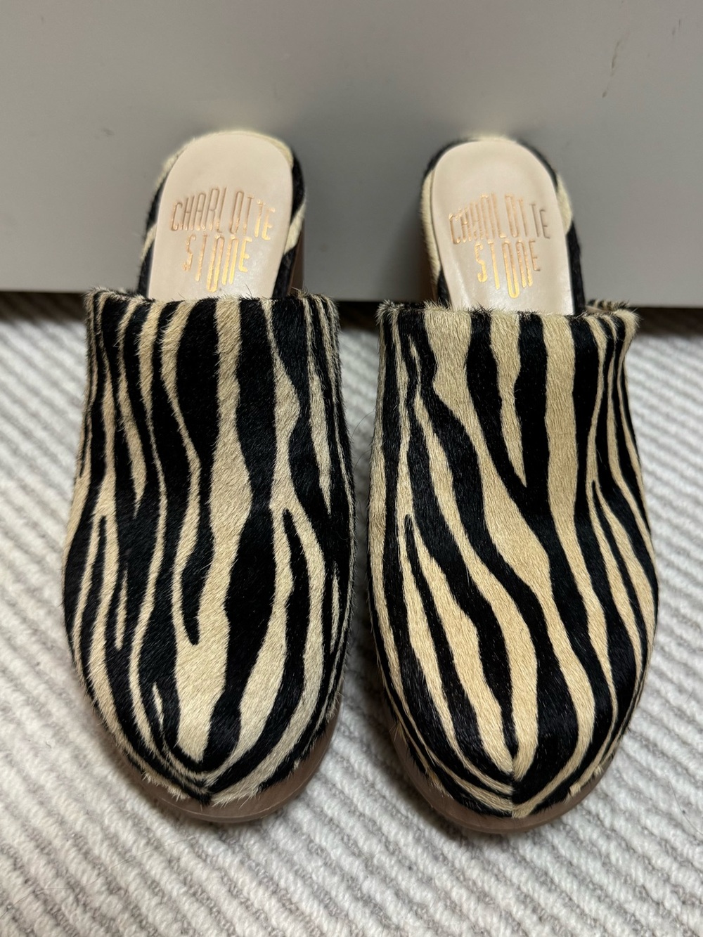 Charlotte Stone Zebra Print Slip-On Mule Platform Clogs - Black & Cream Wood